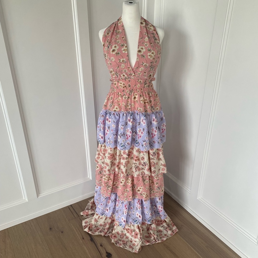 Muy Muy Womens Floral Deep V Tiered Ruffle Halter Maxi Dress Size Medium